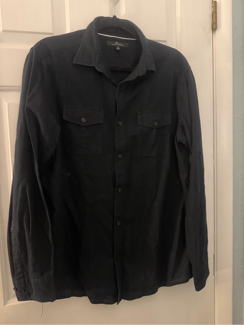 Marc Anthony Men’s Medium Black Linen Cotton Button Down Shirt Dual Pockets